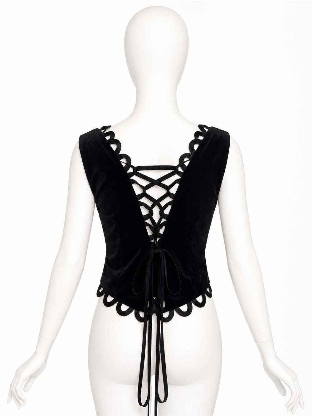 Vintage 1990s Moschino Cheap and Chic Black Scalloped Lace-Up Back Vest